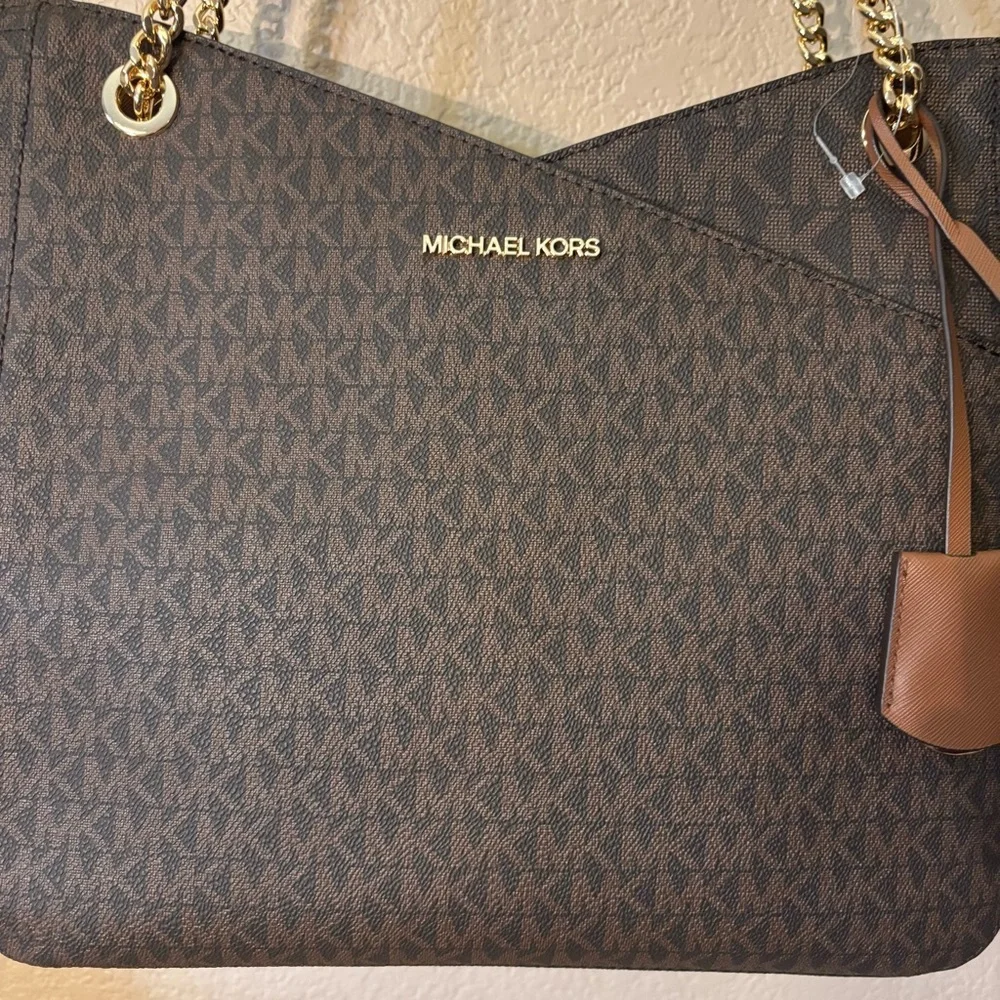 NWT Michael Kors Bag Jet Set Travel Large Chain Shoulder Tote Brown Gold Accents - Picture 9 of 16